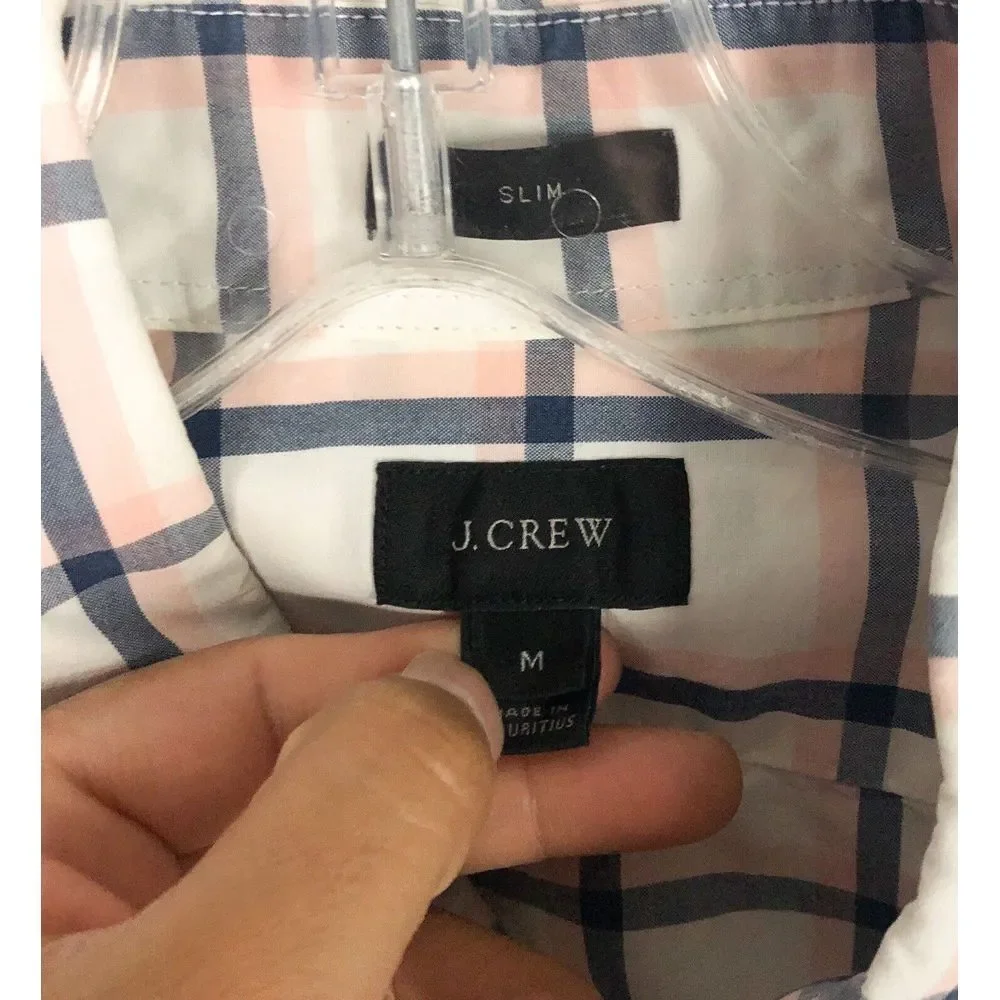J. CREW Men's Shirt Size M Slim Fit Plaid Pink White Front‎ Pocket Long Sleeve